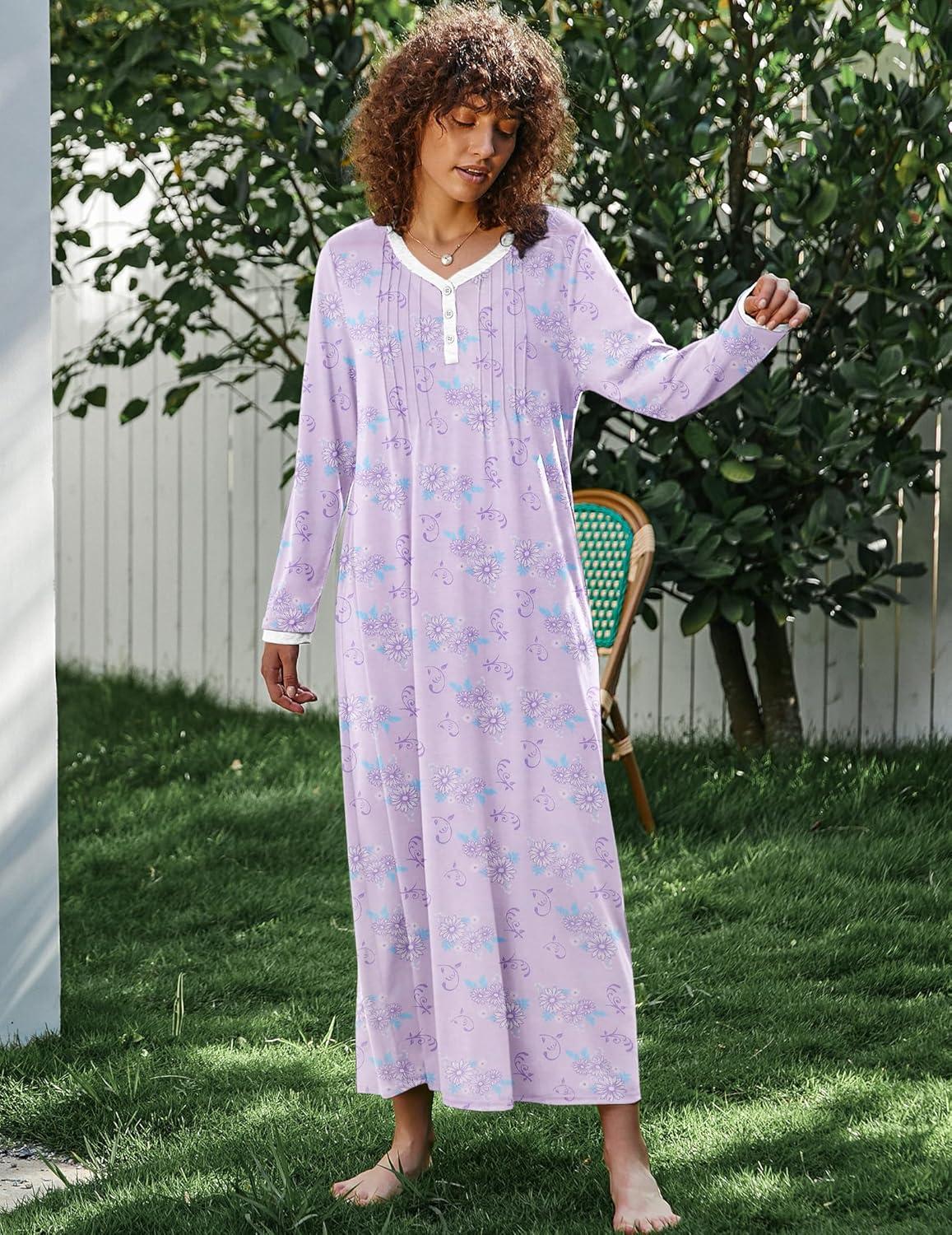 imageEkouaer Womens Long Sleeve Nightgown Full Length Sleepwear Long Sleepshirts Henley Sleep Dress S4XLPurple Flowers
