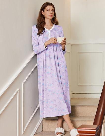 imageEkouaer Womens Long Sleeve Nightgown Full Length Sleepwear Long Sleepshirts Henley Sleep Dress S4XLPurple Flowers