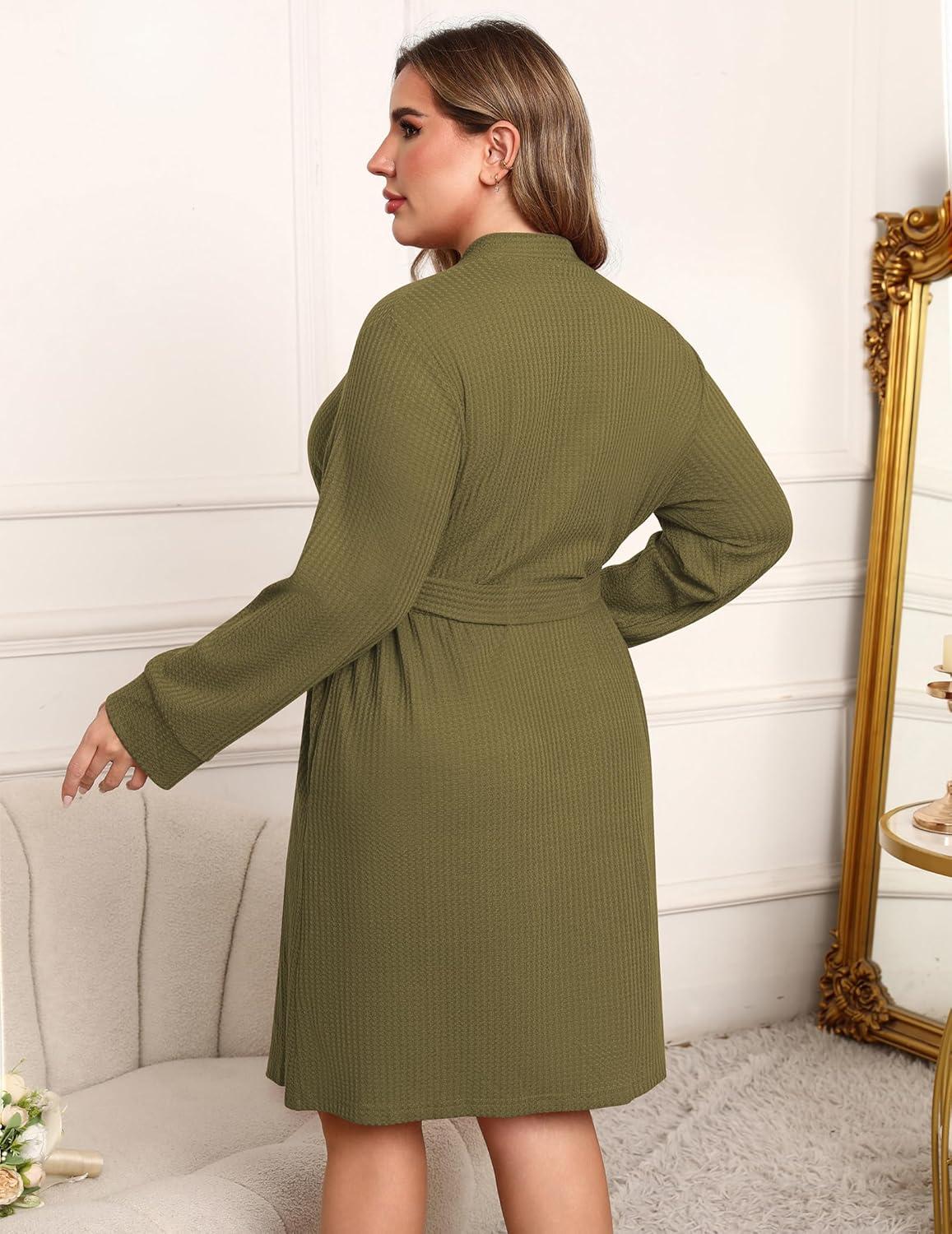 imageEkouaer Womens Plus Size Robe Waffle Knit Bathrobe Short Lightweight Kimono Robes with Pockets Maternity Robe 1x5xArmy Green