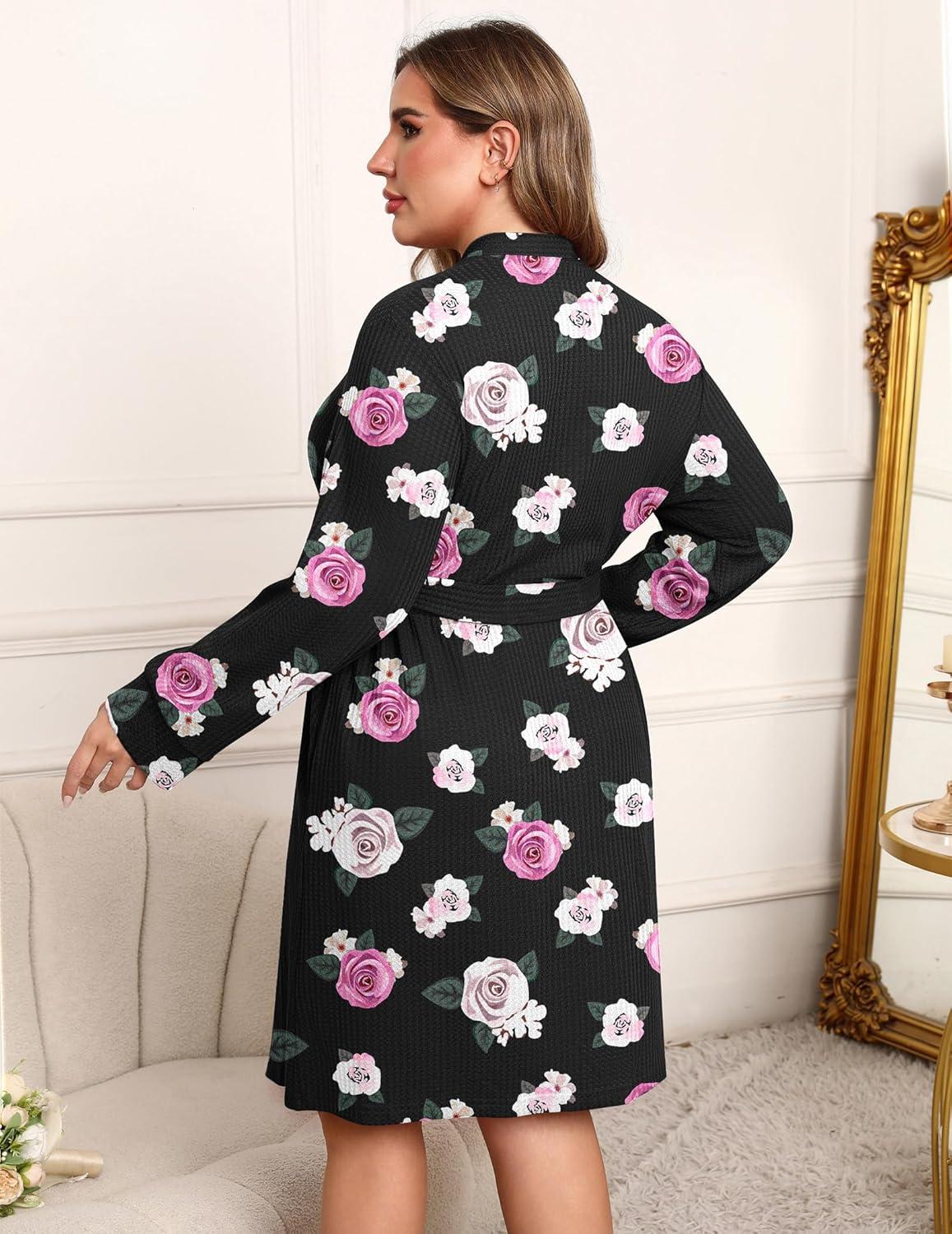 imageEkouaer Womens Plus Size Robe Waffle Knit Bathrobe Short Lightweight Kimono Robes with Pockets Maternity Robe 1x5xFloral Black