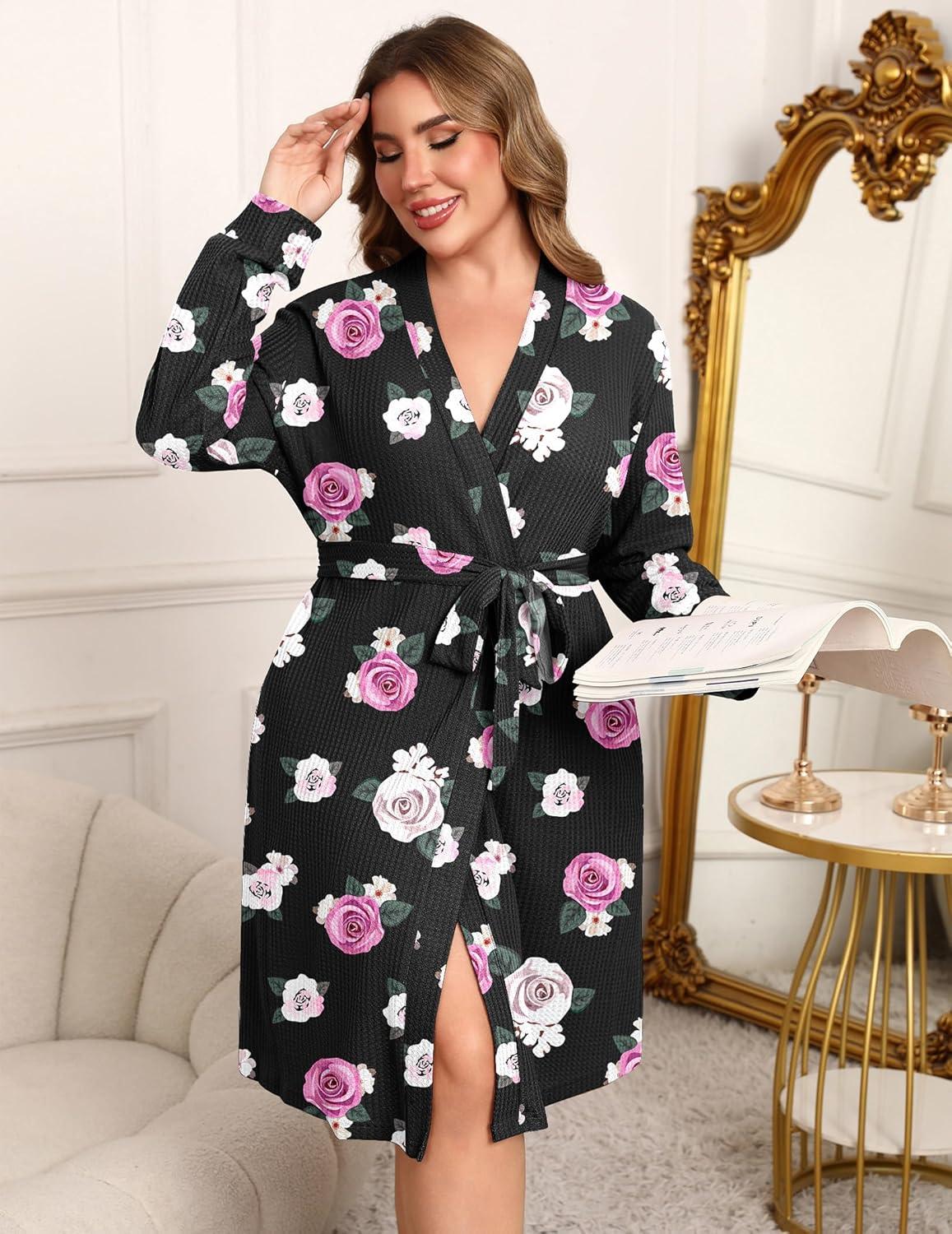 imageEkouaer Womens Plus Size Robe Waffle Knit Bathrobe Short Lightweight Kimono Robes with Pockets Maternity Robe 1x5xFloral Black