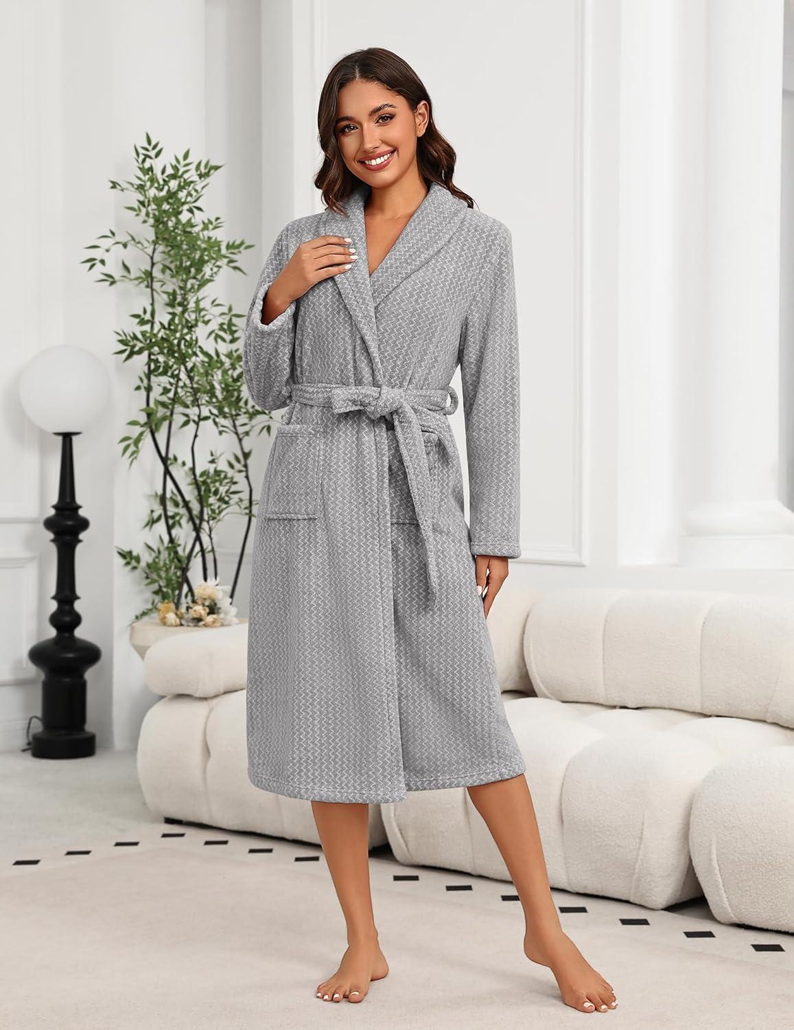imageEkouaer Womens Robe Long Plush Soft Bathrobe Cozy Warm Robes Shawl Collar Sleepwear with PocketsDeep Gray