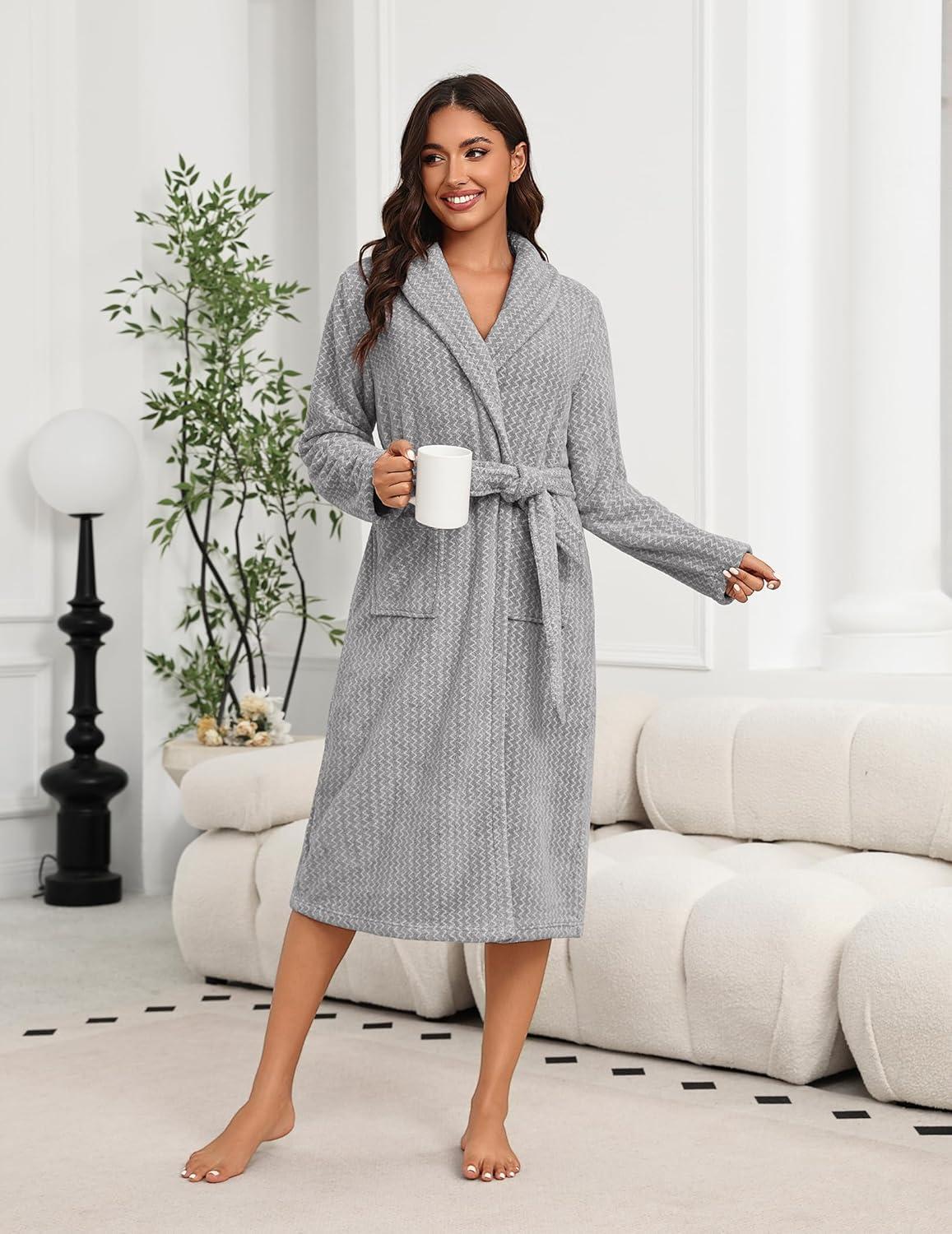 imageEkouaer Womens Robe Long Plush Soft Bathrobe Cozy Warm Robes Shawl Collar Sleepwear with PocketsDeep Gray