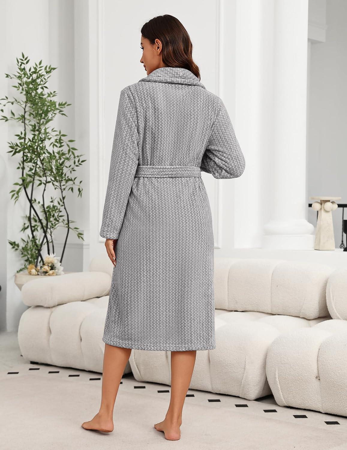 imageEkouaer Womens Robe Long Plush Soft Bathrobe Cozy Warm Robes Shawl Collar Sleepwear with PocketsDeep Gray