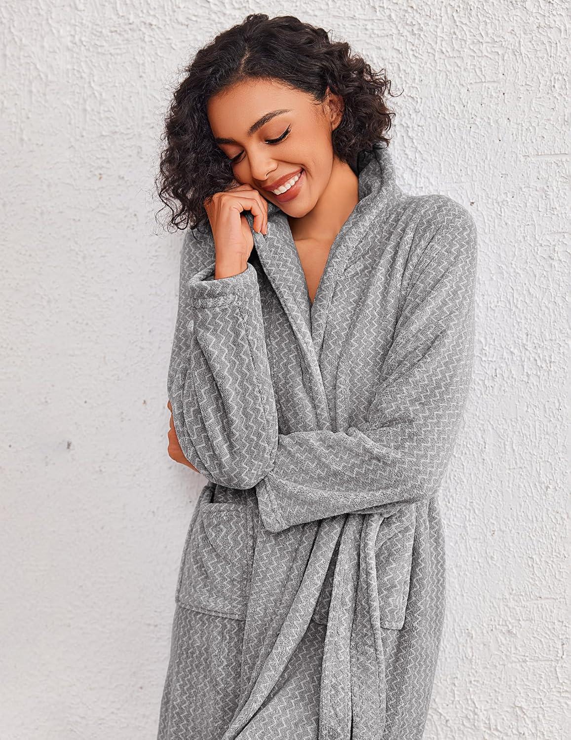 imageEkouaer Womens Robe Long Plush Soft Bathrobe Cozy Warm Robes Shawl Collar Sleepwear with PocketsDeep Gray
