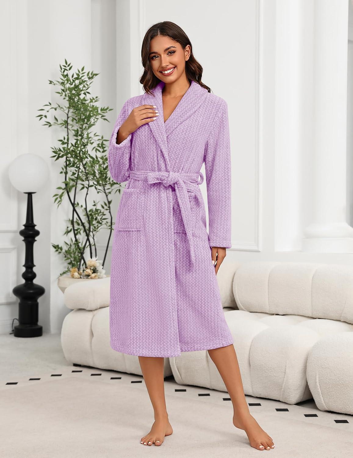 imageEkouaer Womens Robe Long Plush Soft Bathrobe Cozy Warm Robes Shawl Collar Sleepwear with PocketsLight Purple