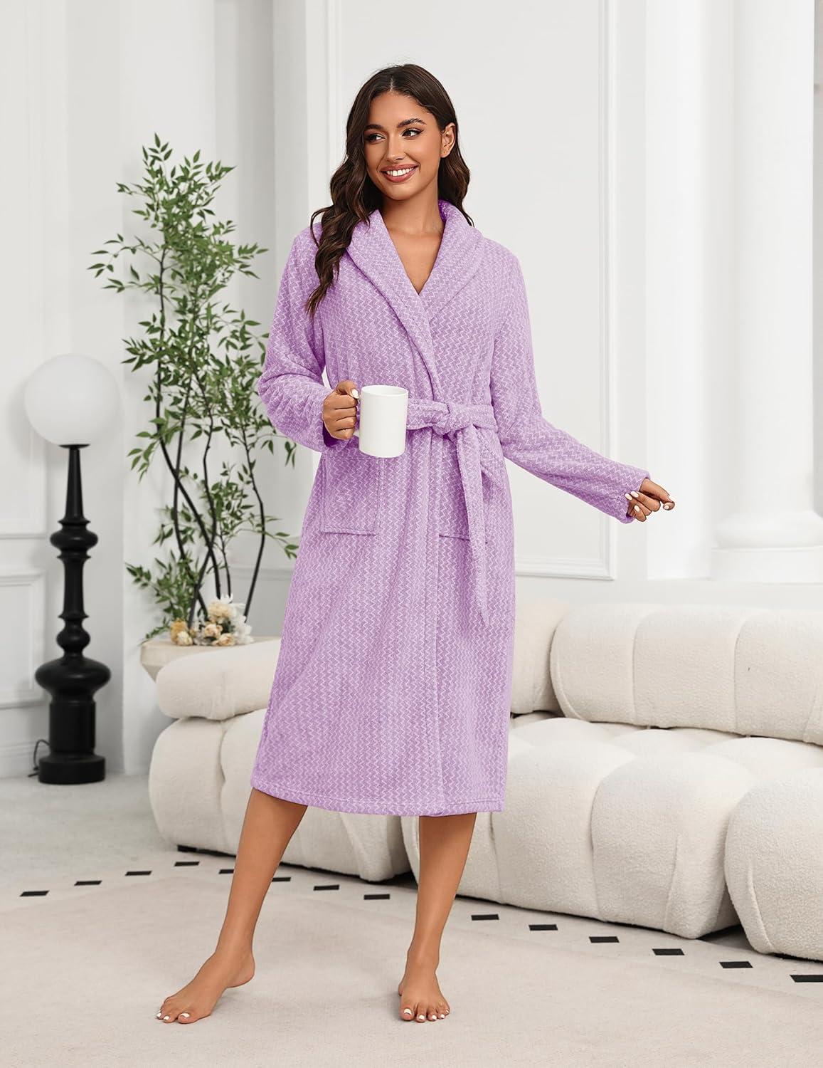 imageEkouaer Womens Robe Long Plush Soft Bathrobe Cozy Warm Robes Shawl Collar Sleepwear with PocketsLight Purple