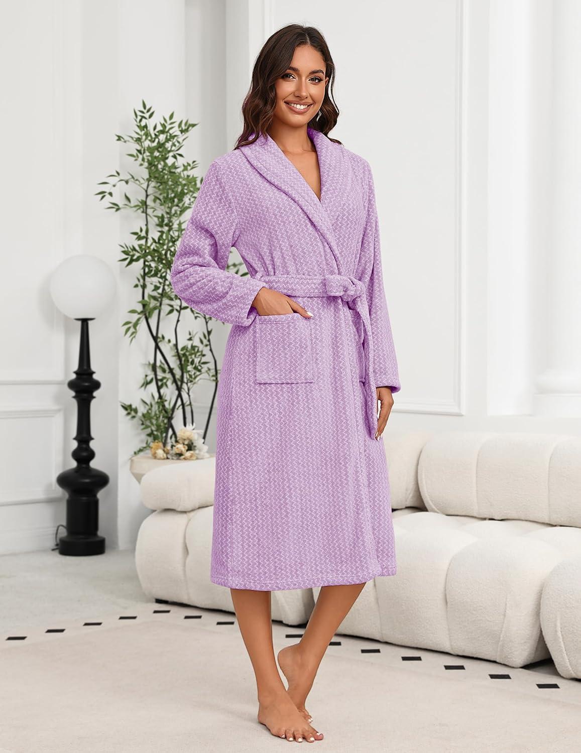 imageEkouaer Womens Robe Long Plush Soft Bathrobe Cozy Warm Robes Shawl Collar Sleepwear with PocketsLight Purple