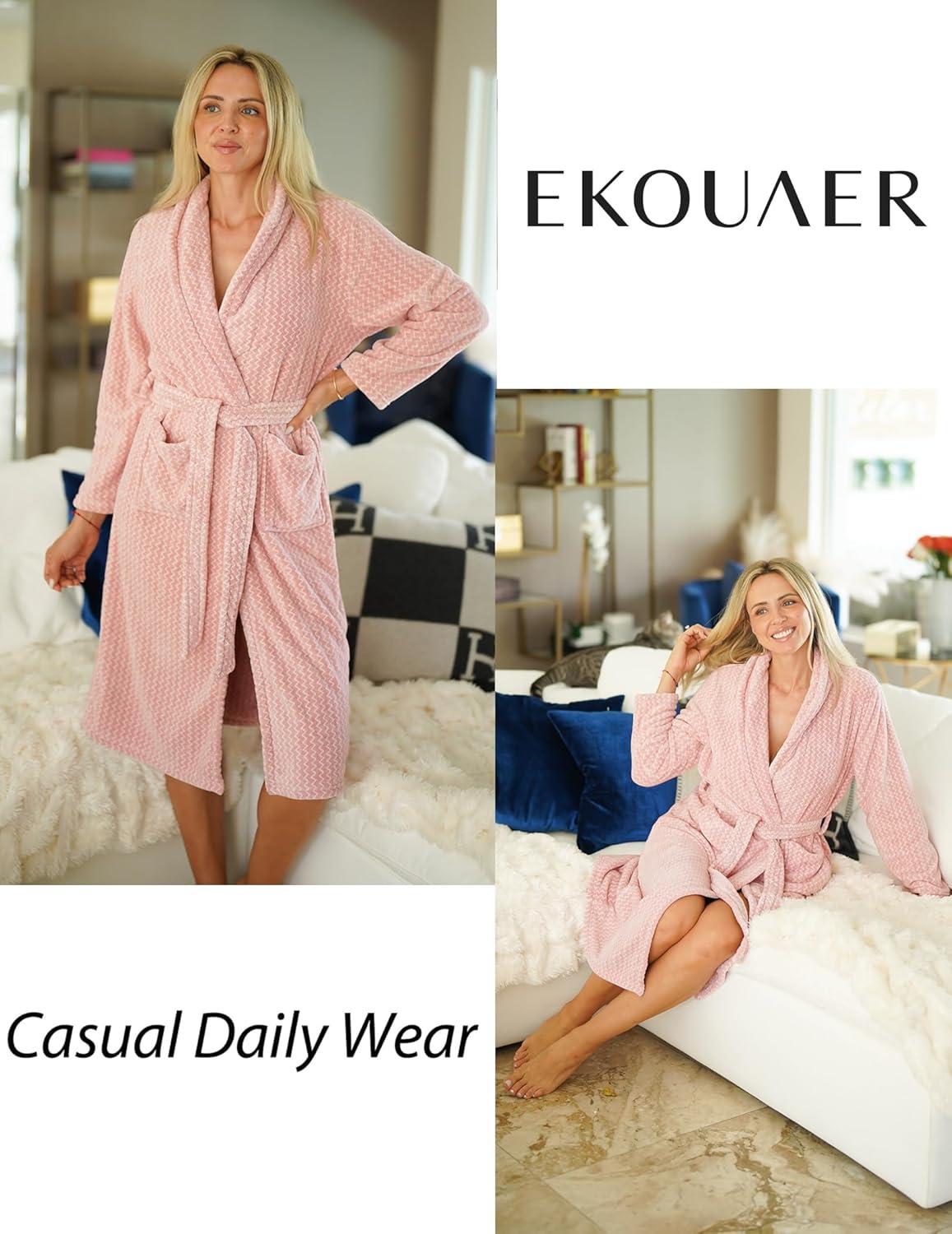 imageEkouaer Womens Robe Long Plush Soft Bathrobe Cozy Warm Robes Shawl Collar Sleepwear with PocketsPink
