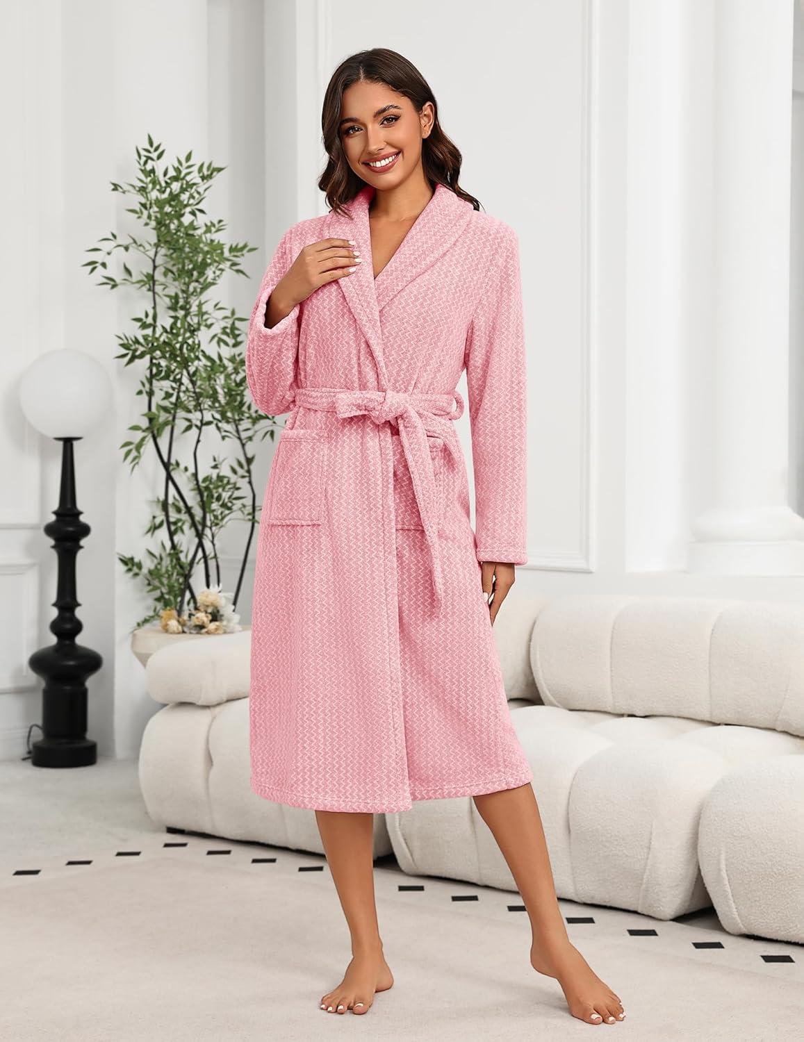 imageEkouaer Womens Robe Long Plush Soft Bathrobe Cozy Warm Robes Shawl Collar Sleepwear with PocketsPink