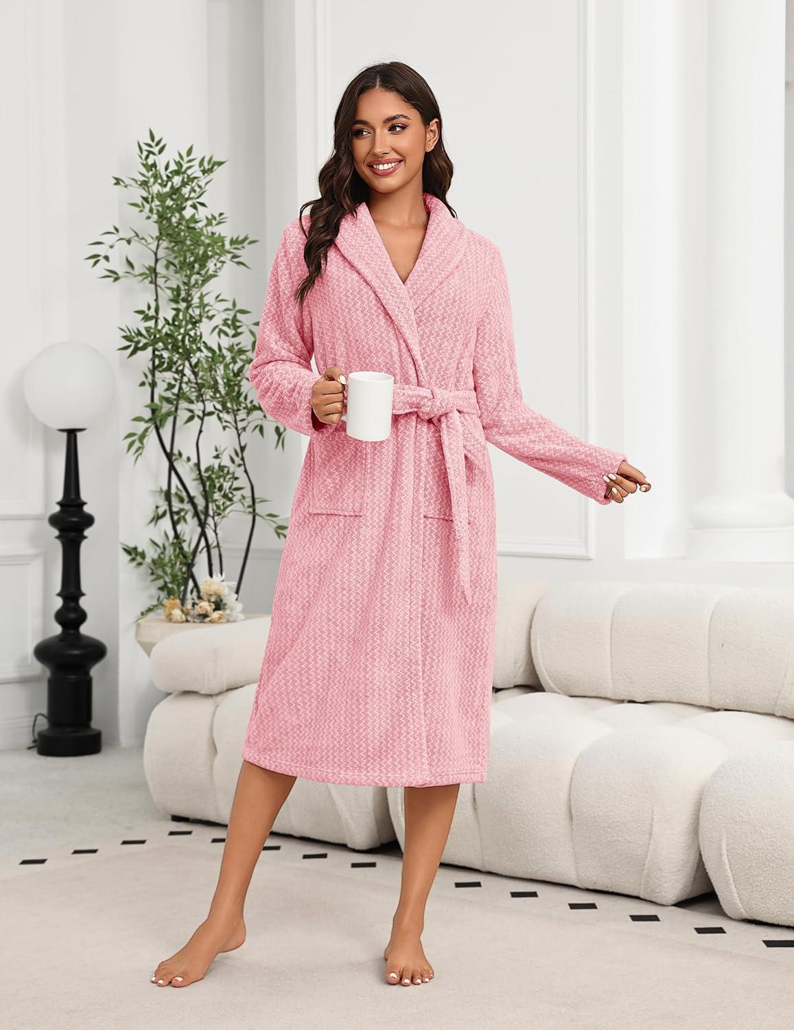 imageEkouaer Womens Robe Long Plush Soft Bathrobe Cozy Warm Robes Shawl Collar Sleepwear with PocketsPink
