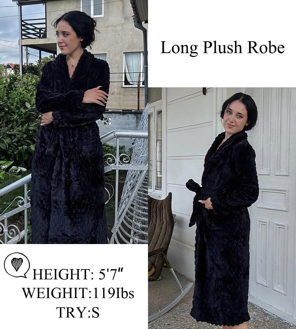 imageEkouaer Womens Robe Long Plush Soft Bathrobe Jacquard Color Block Robes Shawl Collar Sleepwear with Pockets SXXLBlack