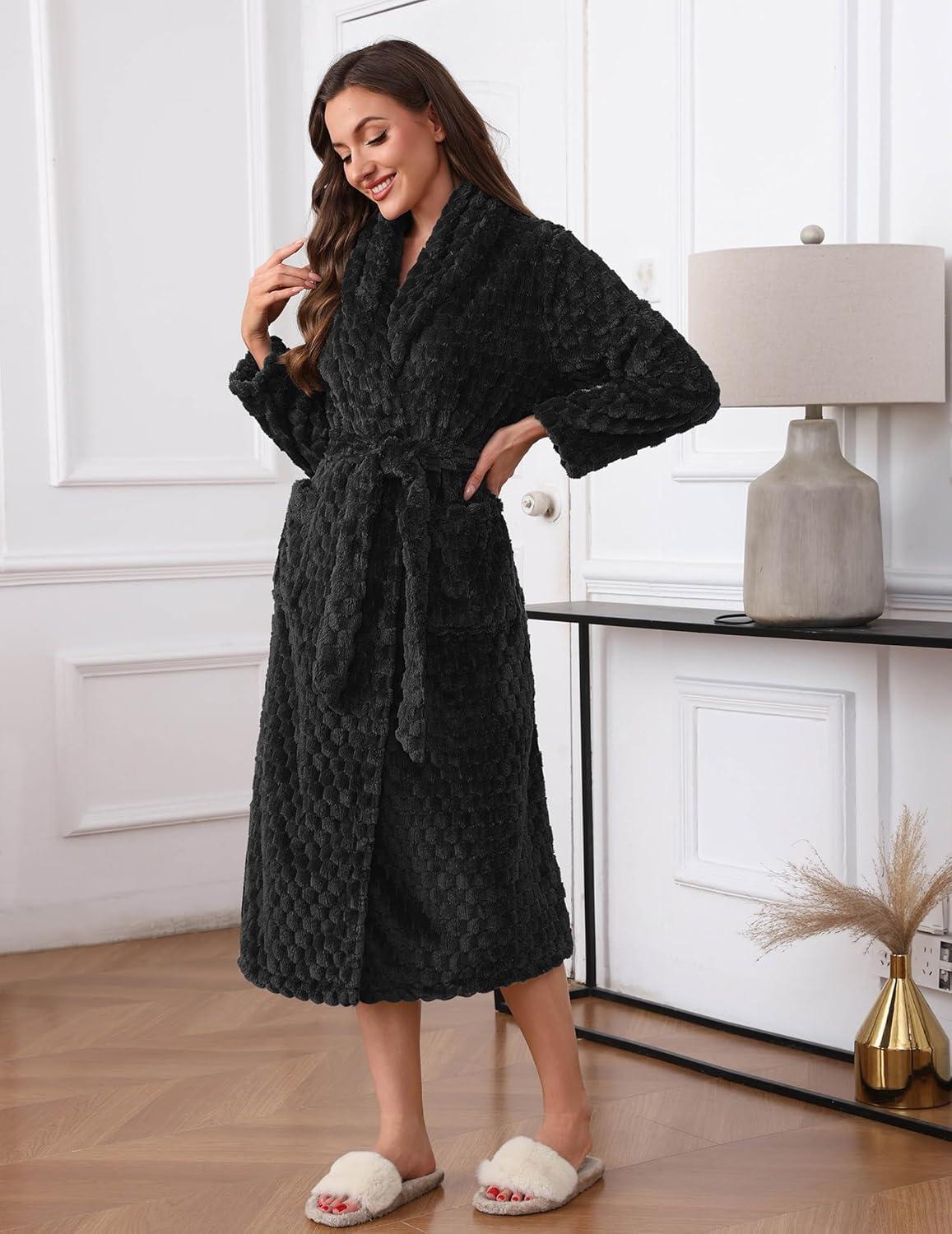 imageEkouaer Womens Robe Long Plush Soft Bathrobe Jacquard Color Block Robes Shawl Collar Sleepwear with Pockets SXXLBlack