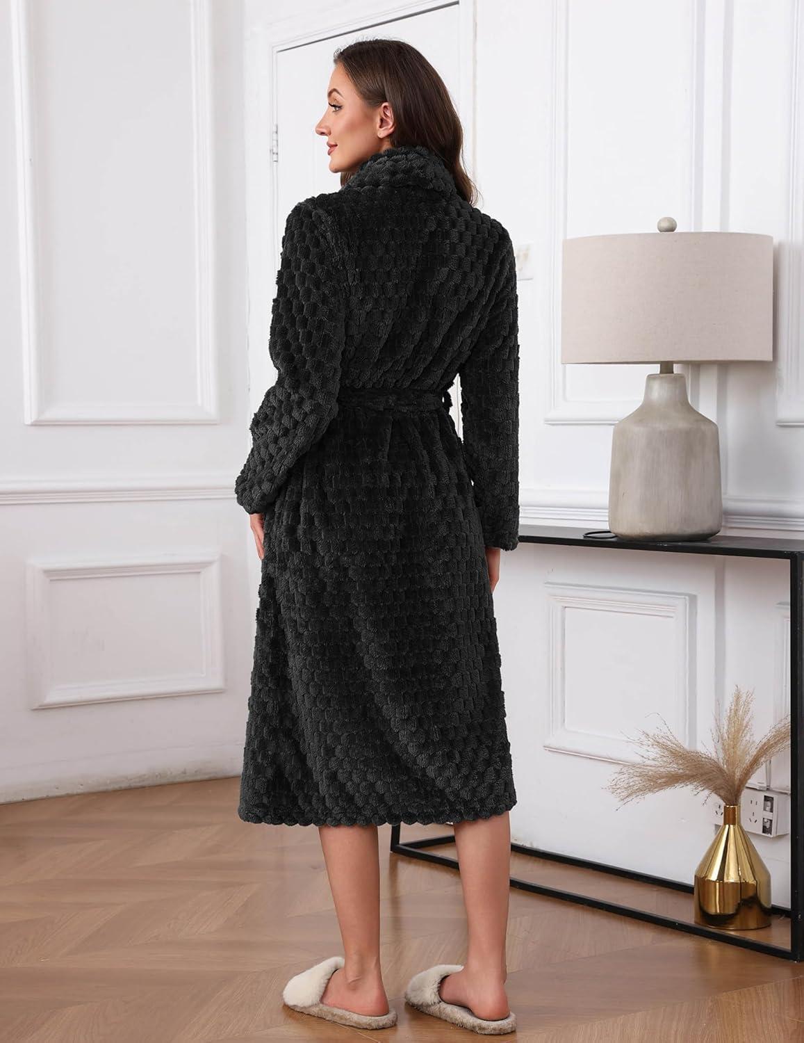 imageEkouaer Womens Robe Long Plush Soft Bathrobe Jacquard Color Block Robes Shawl Collar Sleepwear with Pockets SXXLBlack
