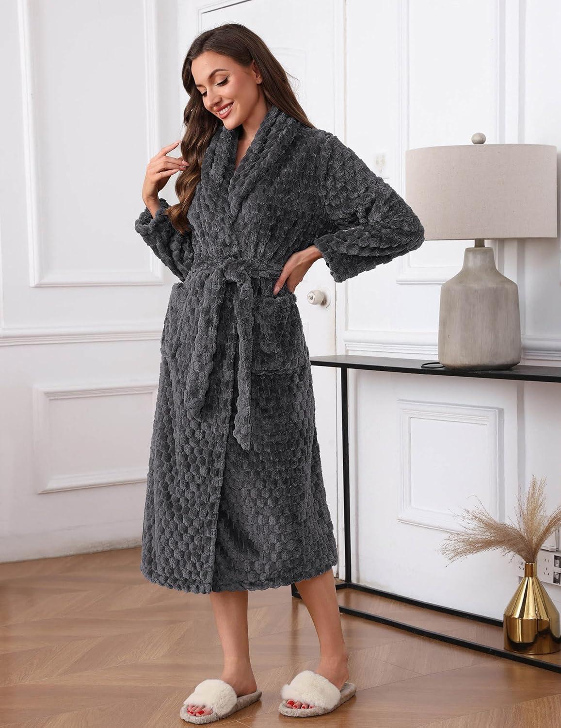 imageEkouaer Womens Robe Long Plush Soft Bathrobe Jacquard Color Block Robes Shawl Collar Sleepwear with Pockets SXXLDark Grey