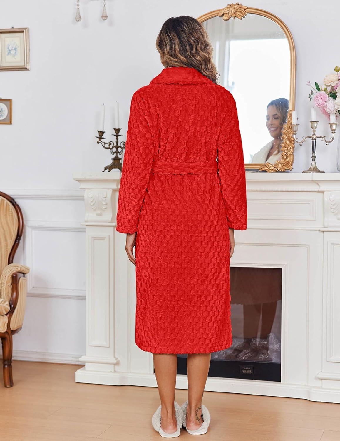 imageEkouaer Womens Robe Long Plush Soft Bathrobe Jacquard Color Block Robes Shawl Collar Sleepwear with Pockets SXXLRed