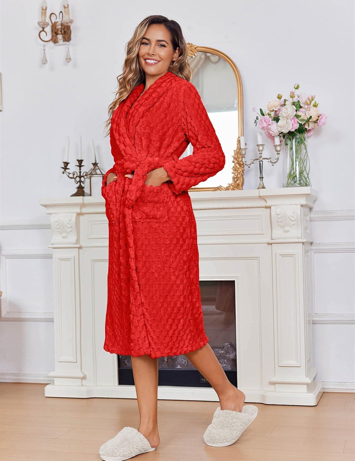 imageEkouaer Womens Robe Long Plush Soft Bathrobe Jacquard Color Block Robes Shawl Collar Sleepwear with Pockets SXXLRed