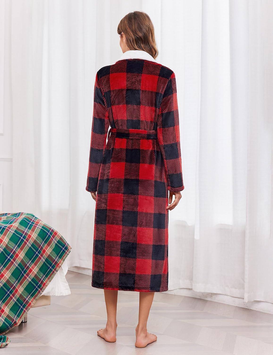 imageEkouaer Womens Robe Long Plush Soft Bathrobe Jacquard Color Block Robes Shawl Collar Sleepwear with Pockets SXXLRed Black Plaid