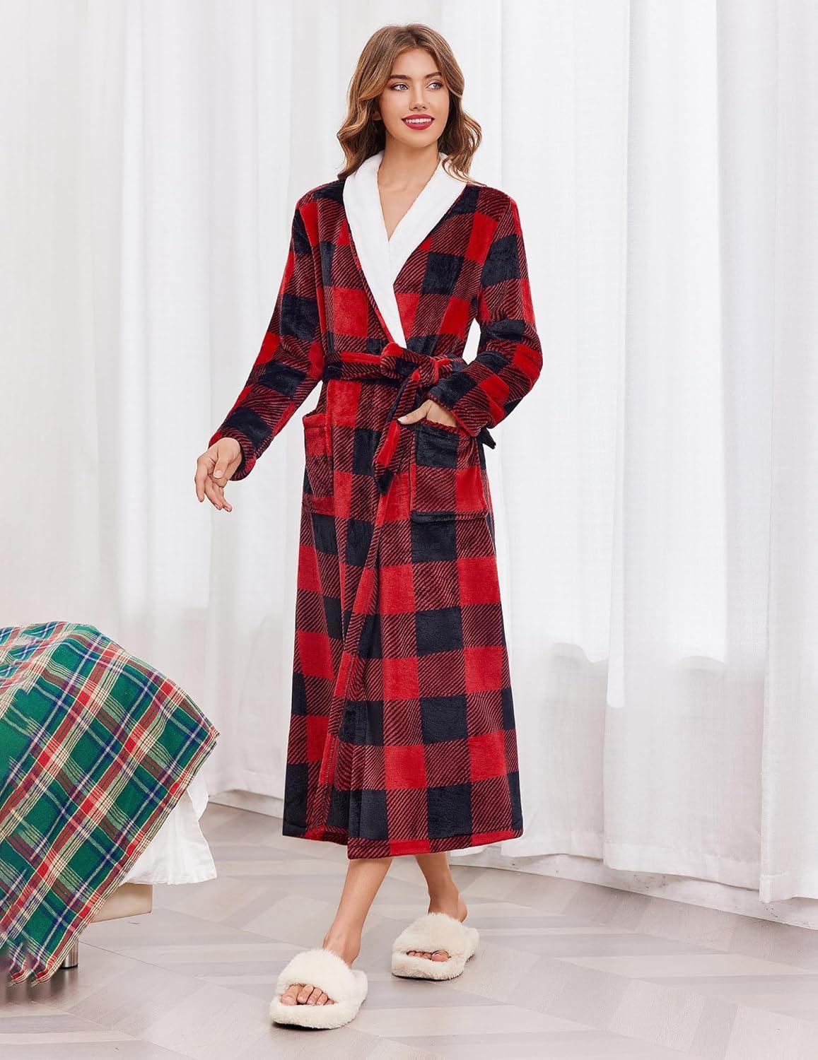 imageEkouaer Womens Robe Long Plush Soft Bathrobe Jacquard Color Block Robes Shawl Collar Sleepwear with Pockets SXXLRed Black Plaid