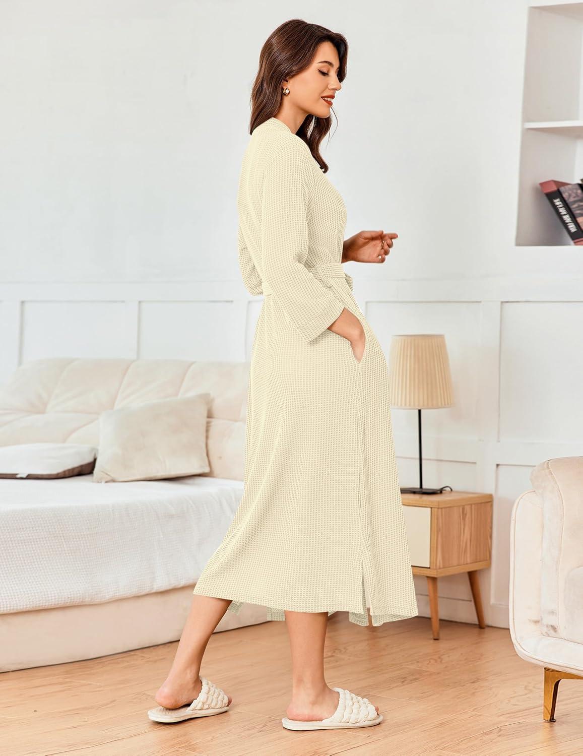 imageEkouaer Womens Robe Long Waffle Knit Bathrobe Lightweight Soft Kimono Robes Loungewear SXXLBeige
