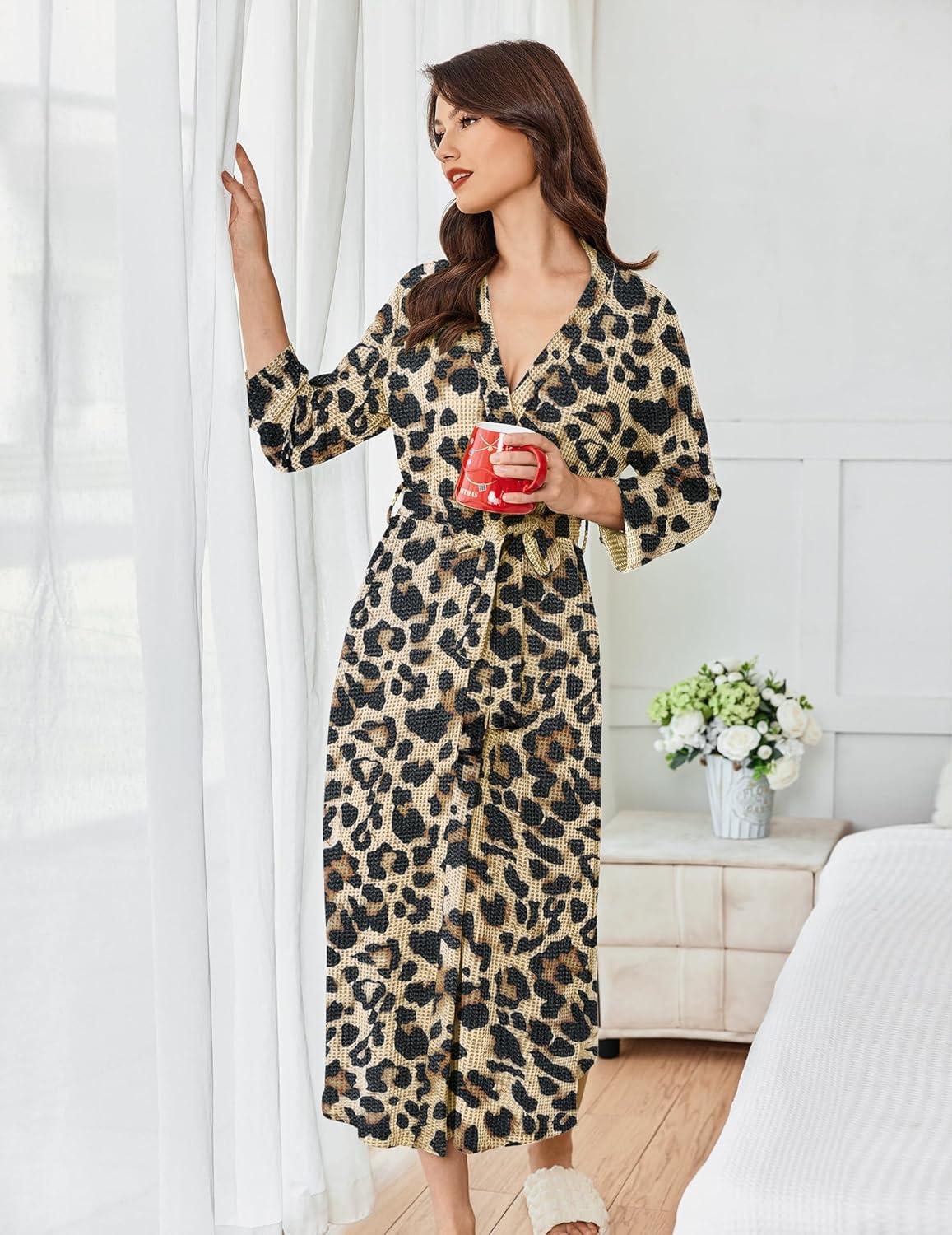imageEkouaer Womens Robe Long Waffle Knit Bathrobe Lightweight Soft Kimono Robes Loungewear SXXLBig Waffleleopard