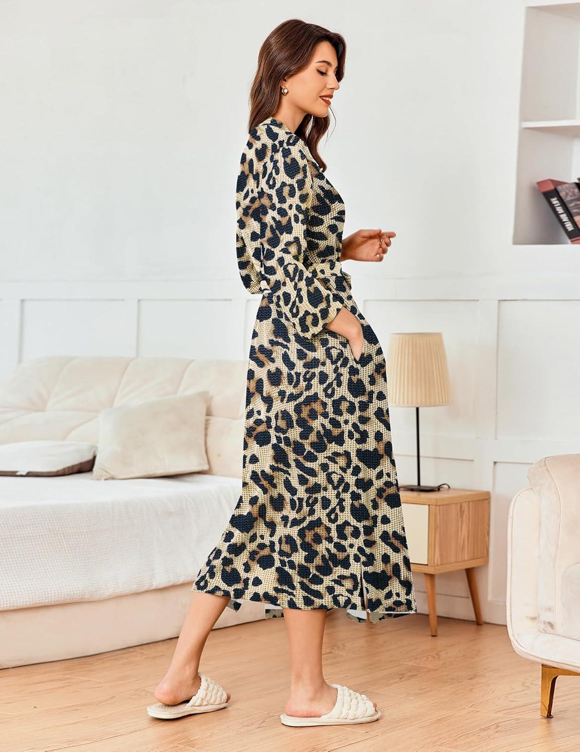 imageEkouaer Womens Robe Long Waffle Knit Bathrobe Lightweight Soft Kimono Robes Loungewear SXXLBig Waffleleopard