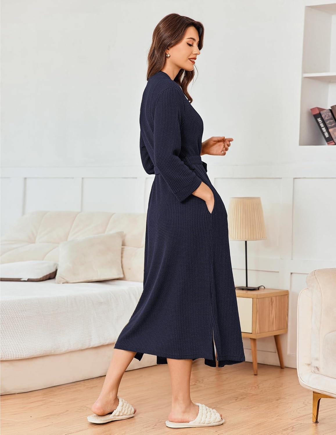 imageEkouaer Womens Robe Long Waffle Knit Bathrobe Lightweight Soft Kimono Robes Loungewear SXXLBig Wafflenavy Blue