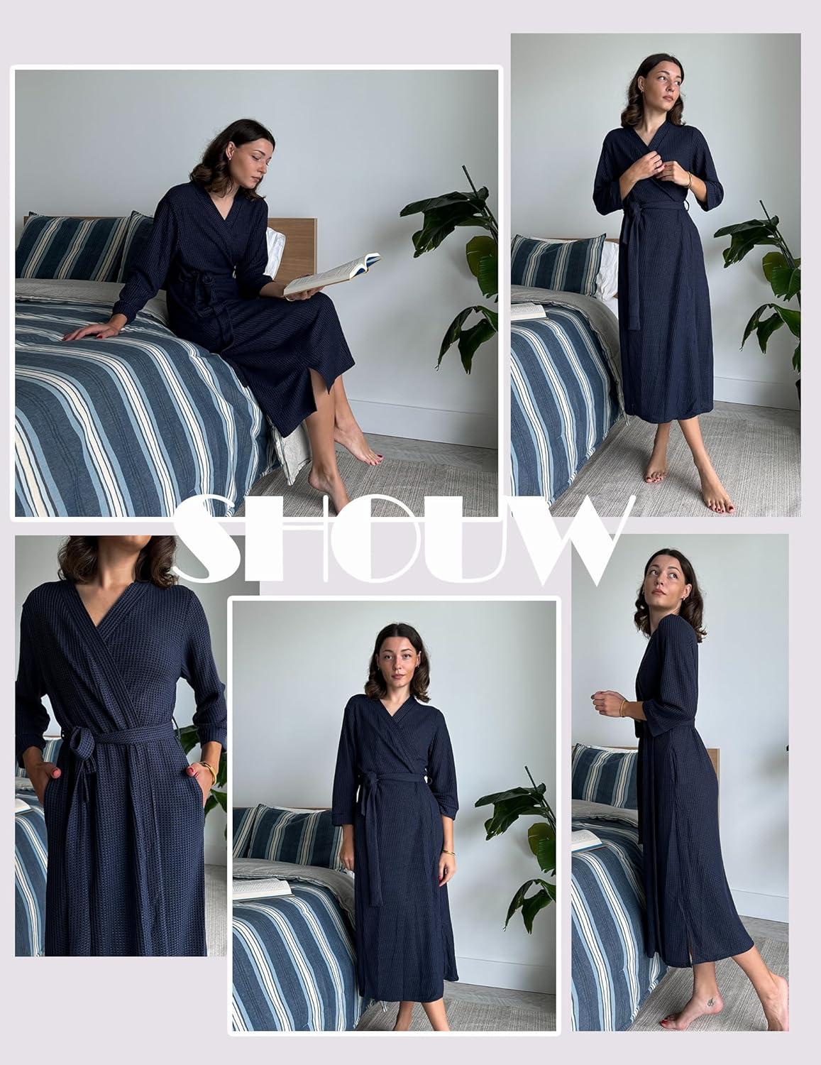 imageEkouaer Womens Robe Long Waffle Knit Bathrobe Lightweight Soft Kimono Robes Loungewear SXXLBig Wafflenavy Blue