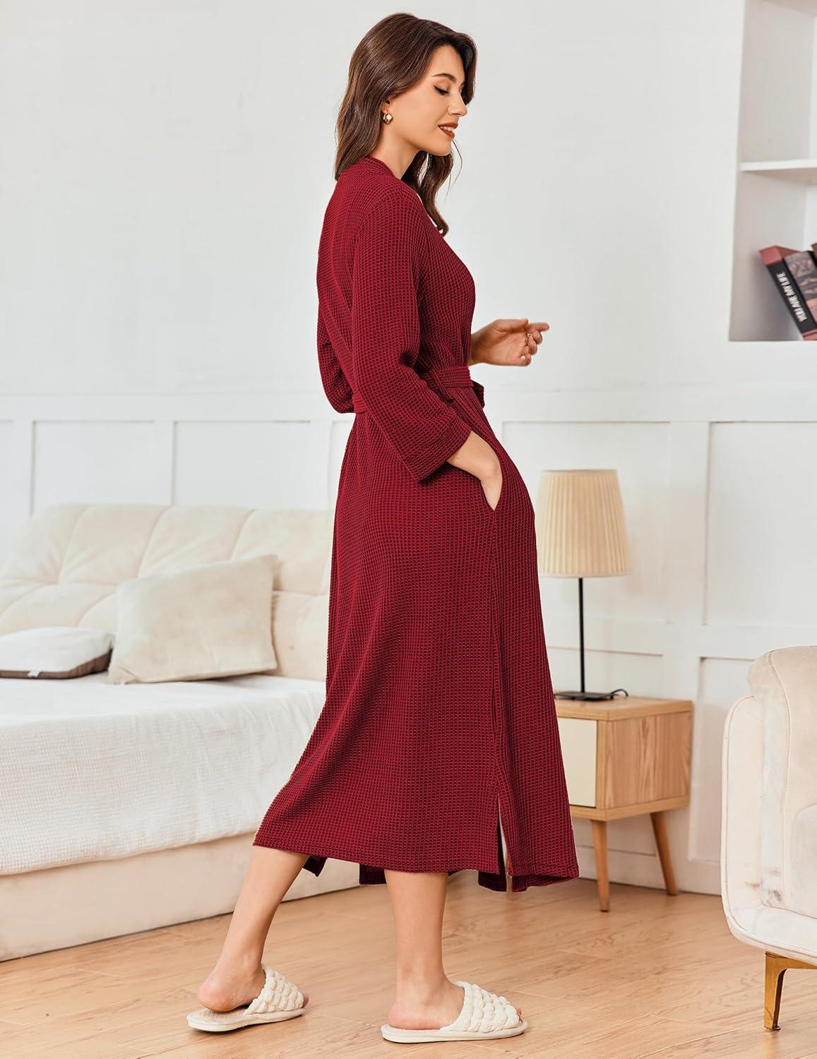 imageEkouaer Womens Robe Long Waffle Knit Bathrobe Lightweight Soft Kimono Robes Loungewear SXXLBig Wafflewine Red