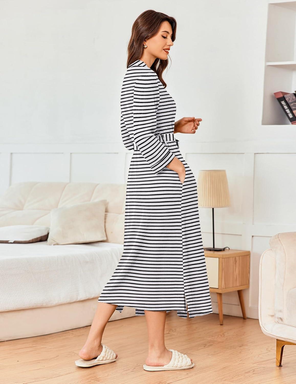 imageEkouaer Womens Robe Long Waffle Knit Bathrobe Lightweight Soft Kimono Robes Loungewear SXXLBlack Stripe