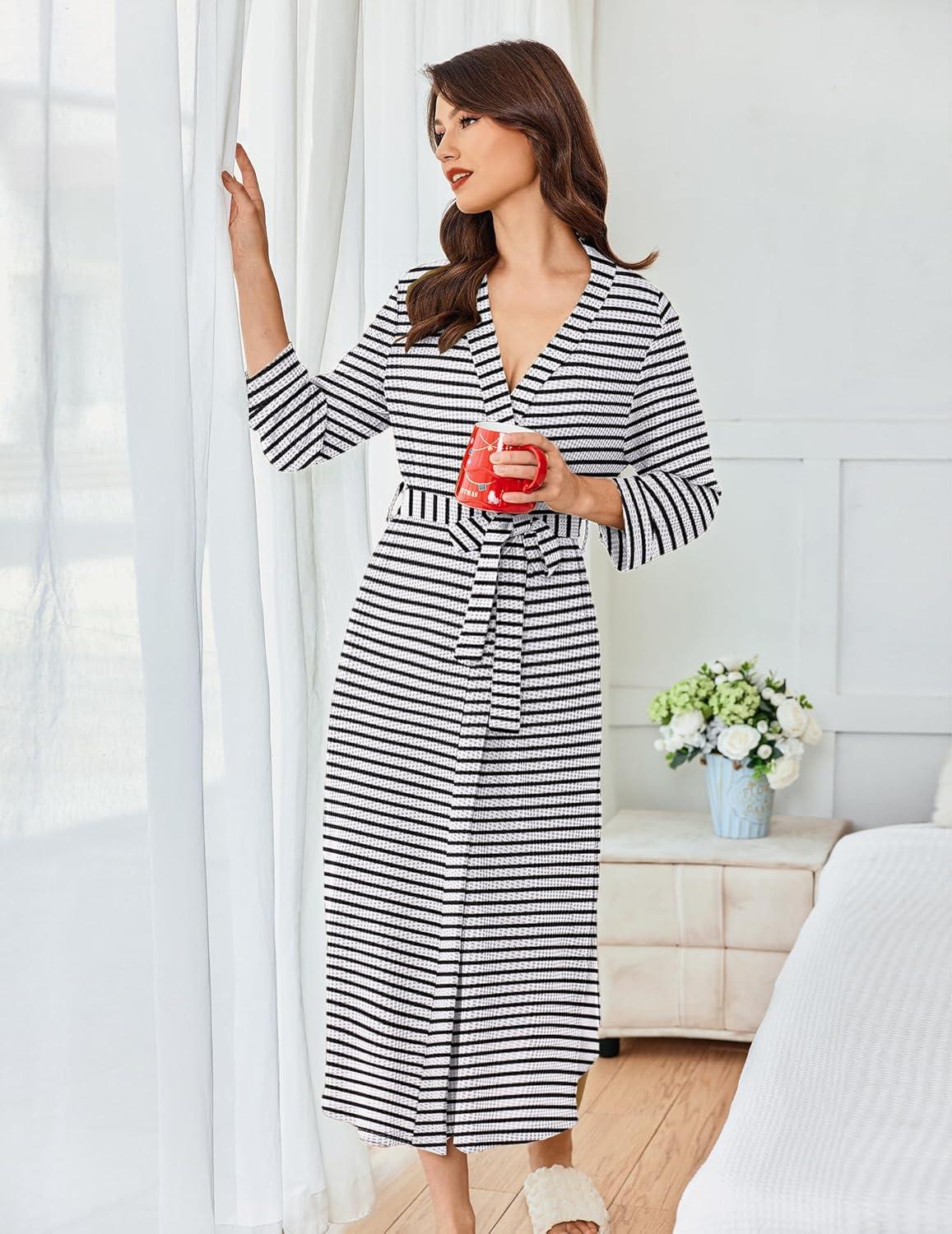 imageEkouaer Womens Robe Long Waffle Knit Bathrobe Lightweight Soft Kimono Robes Loungewear SXXLBlack Stripe