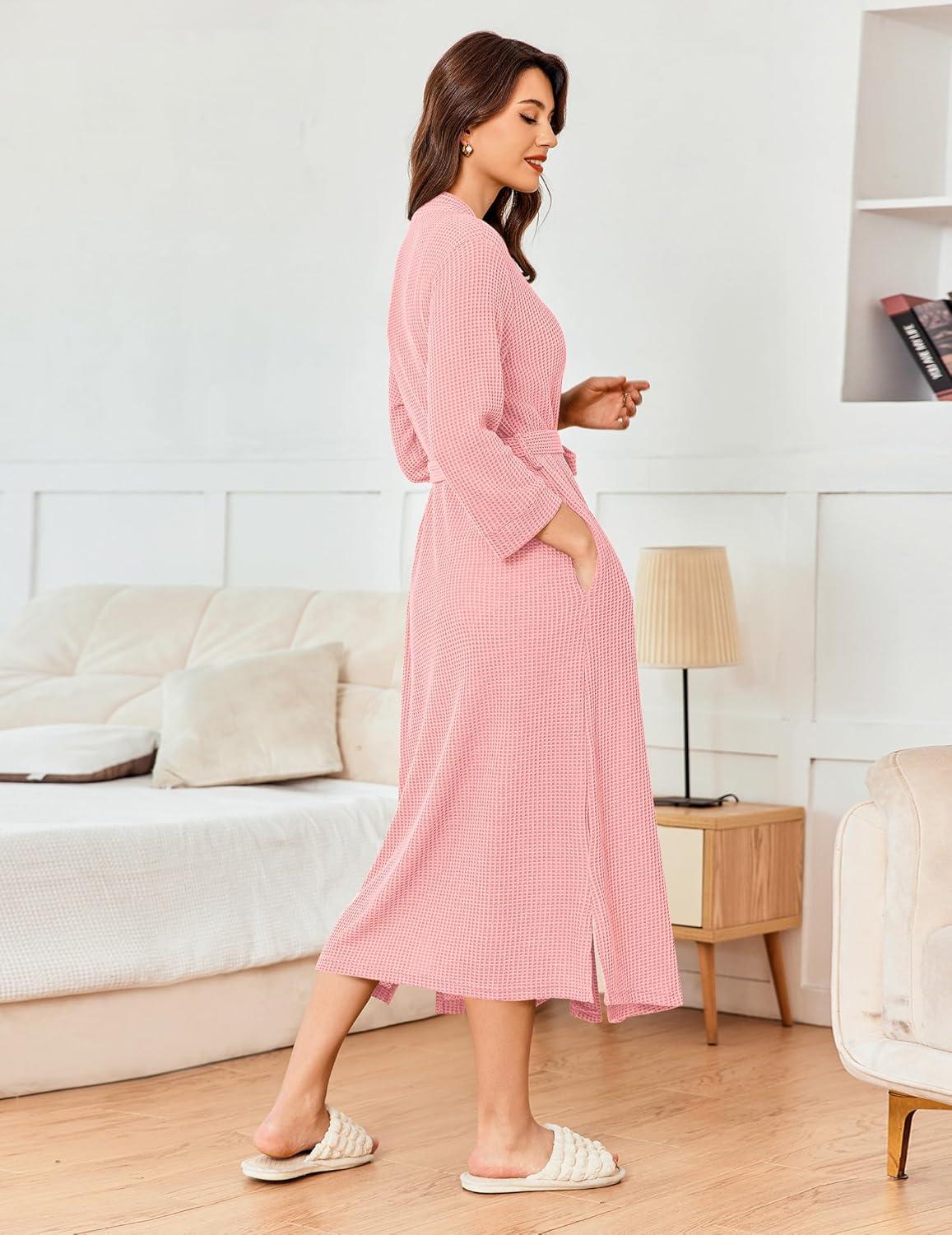 imageEkouaer Womens Robe Long Waffle Knit Bathrobe Lightweight Soft Kimono Robes Loungewear SXXLLight Pink
