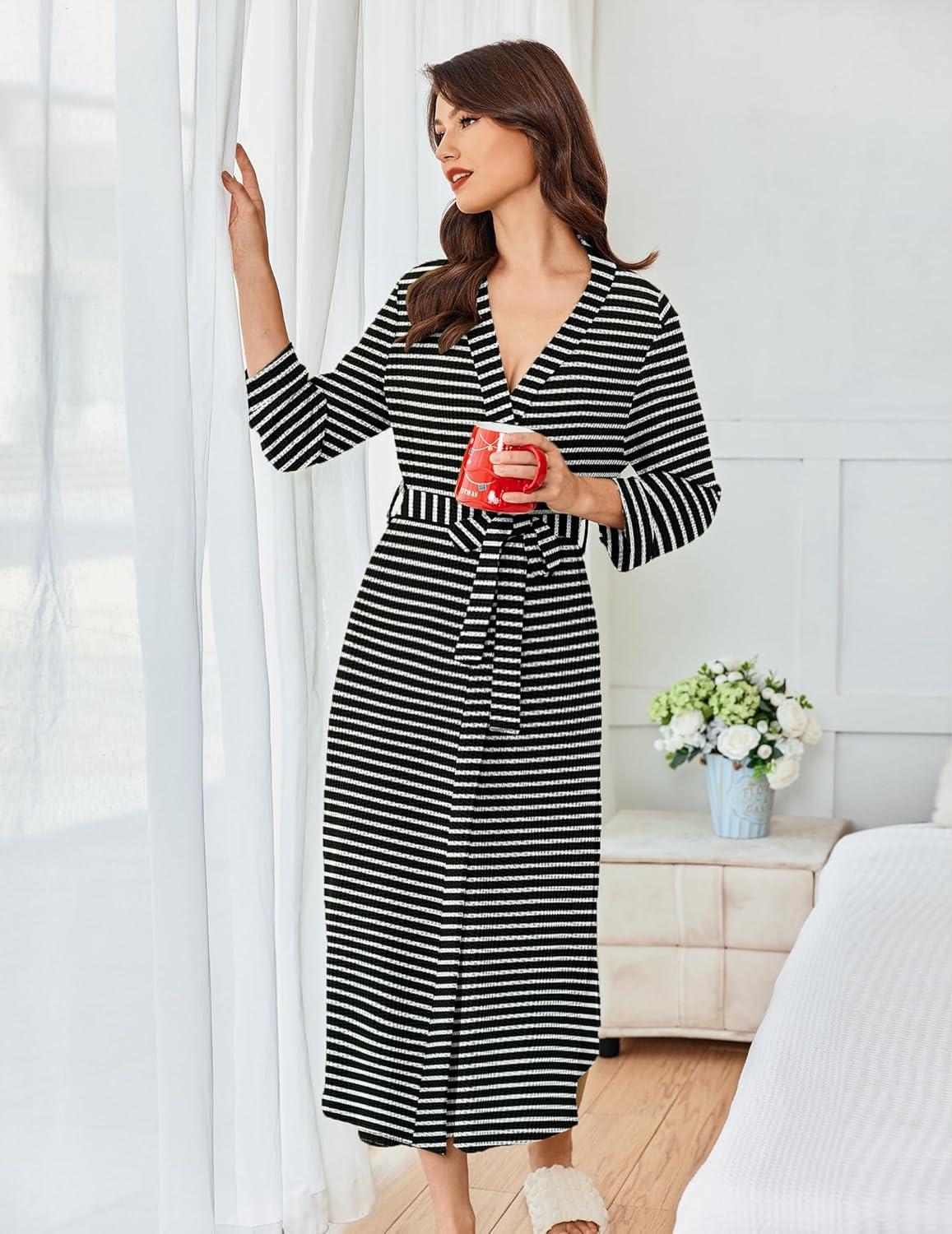 imageEkouaer Womens Robe Long Waffle Knit Bathrobe Lightweight Soft Kimono Robes Loungewear SXXLWhite Stripe