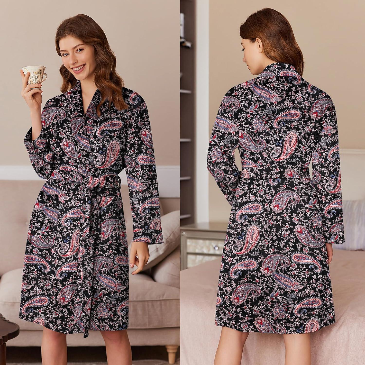 imageEkouaer Womens Velour Bathrobe Knee Length Warm Plush Long Sleeve Lounge RobeBlack Paisley