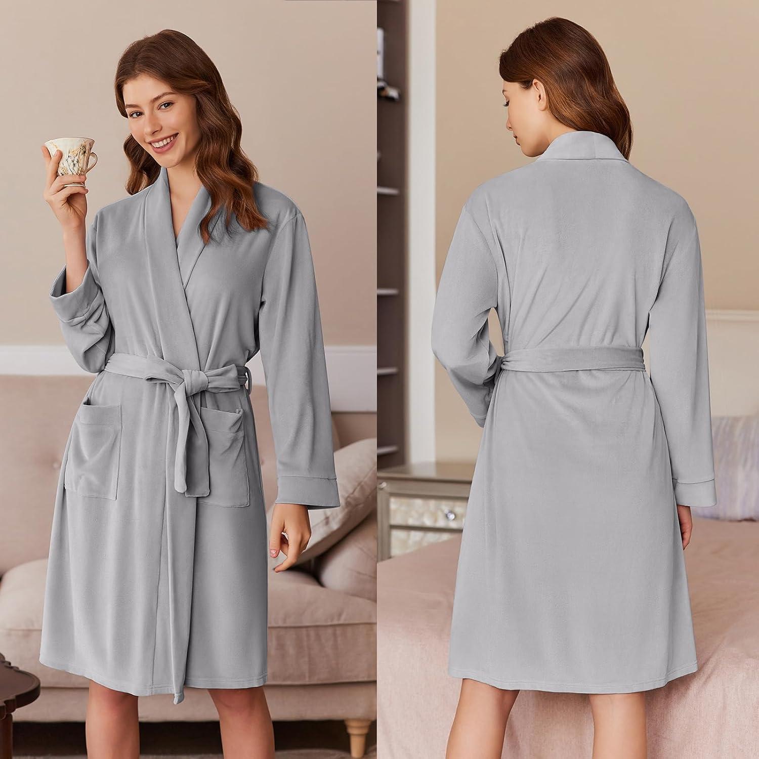 imageEkouaer Womens Velour Bathrobe Knee Length Warm Plush Long Sleeve Lounge RobeLight Grey