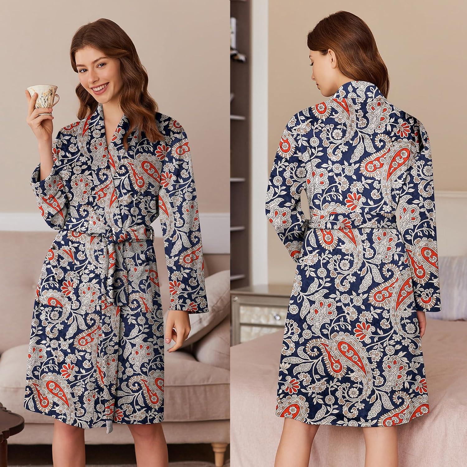 imageEkouaer Womens Velour Bathrobe Knee Length Warm Plush Long Sleeve Lounge RobeNavy Blue Paisley