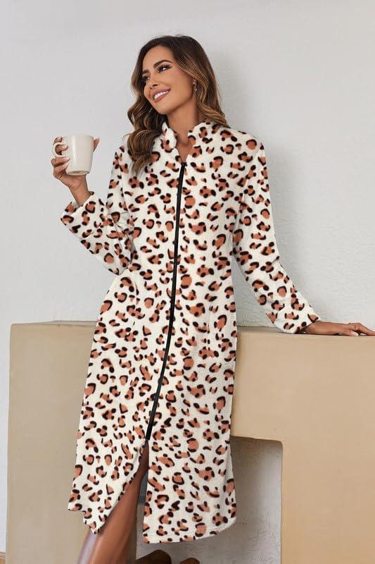 imageEkouaer Womens Zip Up Robe Fleece Bathrobe Long Zipper Lounger Warm Housecoat Long Sleeve Nightgown with Pockets Red Stars Large