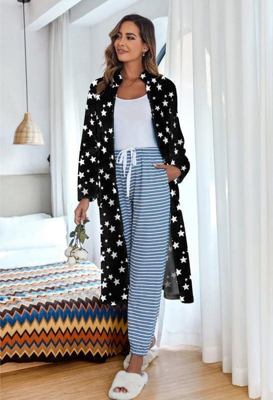 imageEkouaer Womens Zip Up Robe Fleece Bathrobe Long Zipper Lounger Warm Housecoat Long Sleeve Nightgown with Pockets SXXLBlack Stars