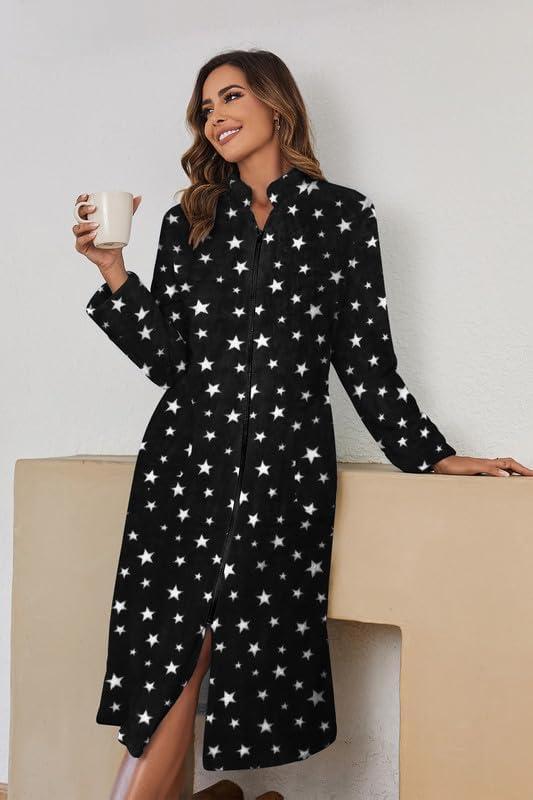 imageEkouaer Womens Zip Up Robe Fleece Bathrobe Long Zipper Lounger Warm Housecoat Long Sleeve Nightgown with Pockets SXXLBlack Stars