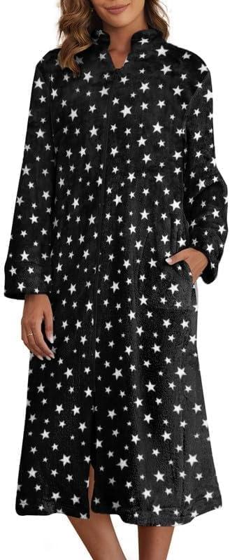 imageEkouaer Womens Zip Up Robe Fleece Bathrobe Long Zipper Lounger Warm Housecoat Long Sleeve Nightgown with Pockets SXXLBlack Stars