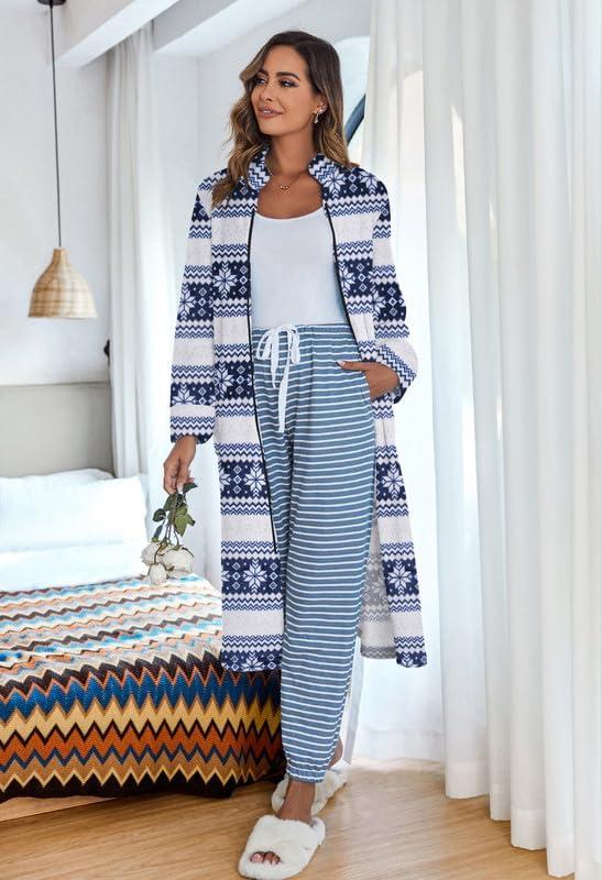 imageEkouaer Womens Zip Up Robe Fleece Bathrobe Long Zipper Lounger Warm Housecoat Long Sleeve Nightgown with Pockets SXXLBlue Snowflake