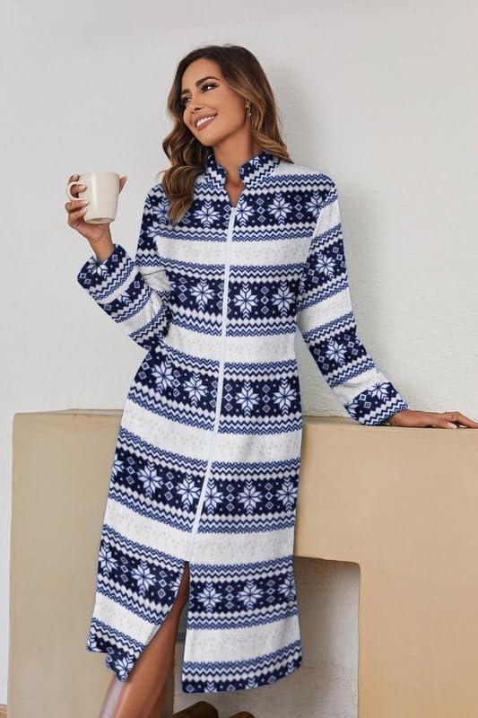 imageEkouaer Womens Zip Up Robe Fleece Bathrobe Long Zipper Lounger Warm Housecoat Long Sleeve Nightgown with Pockets SXXLBlue Snowflake