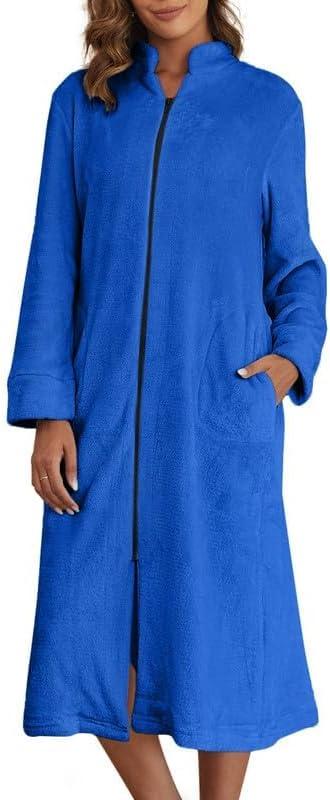 imageEkouaer Womens Zip Up Robe Fleece Bathrobe Long Zipper Lounger Warm Housecoat Long Sleeve Nightgown with Pockets SXXLDeep Sky Blue