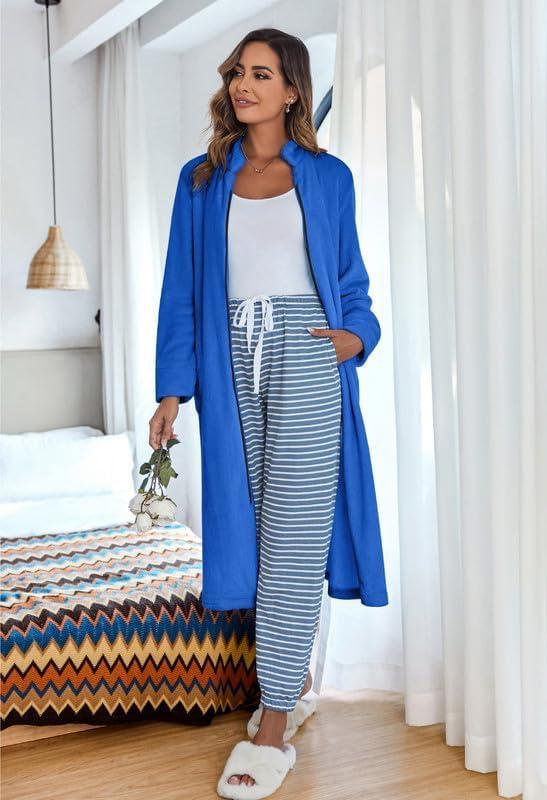 imageEkouaer Womens Zip Up Robe Fleece Bathrobe Long Zipper Lounger Warm Housecoat Long Sleeve Nightgown with Pockets SXXLDeep Sky Blue