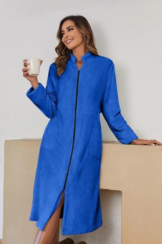 imageEkouaer Womens Zip Up Robe Fleece Bathrobe Long Zipper Lounger Warm Housecoat Long Sleeve Nightgown with Pockets SXXLDeep Sky Blue