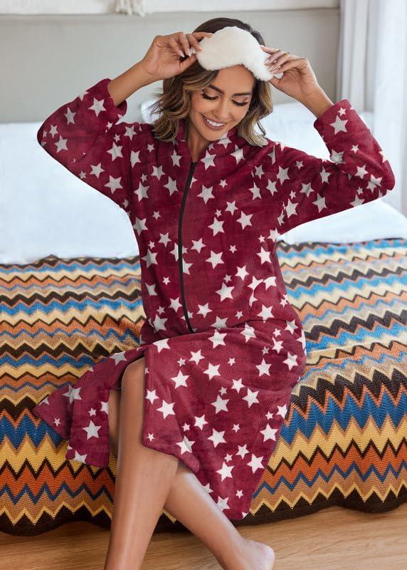 imageEkouaer Womens Zip Up Robe Fleece Bathrobe Long Zipper Lounger Warm Housecoat Long Sleeve Nightgown with Pockets SXXLRed Stars