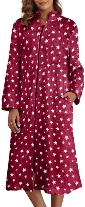 imageEkouaer Womens Zip Up Robe Fleece Bathrobe Long Zipper Lounger Warm Housecoat Long Sleeve Nightgown with Pockets SXXLRed Stars