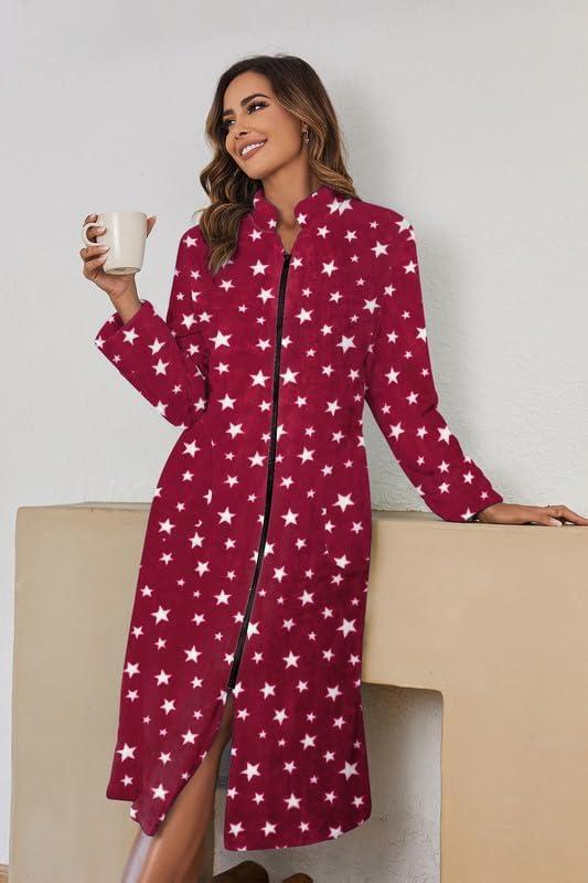 imageEkouaer Womens Zip Up Robe Fleece Bathrobe Long Zipper Lounger Warm Housecoat Long Sleeve Nightgown with Pockets SXXLRed Stars