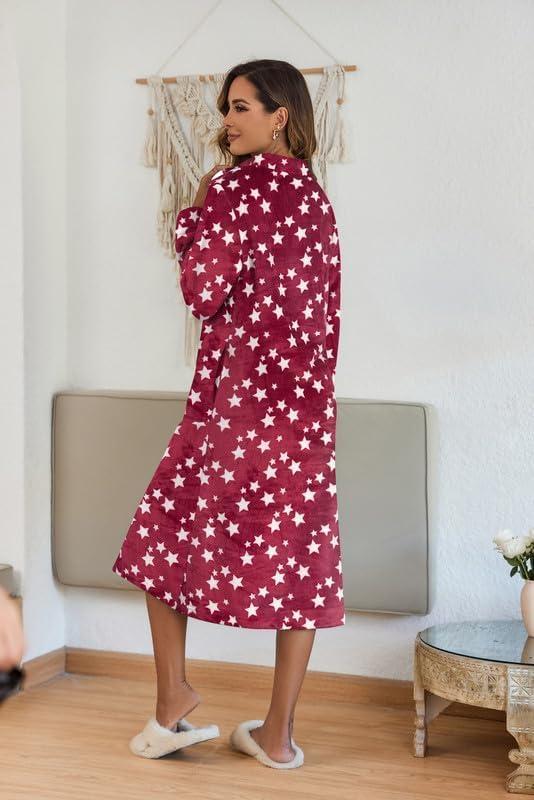 imageEkouaer Womens Zip Up Robe Fleece Bathrobe Long Zipper Lounger Warm Housecoat Long Sleeve Nightgown with Pockets SXXLRed Stars
