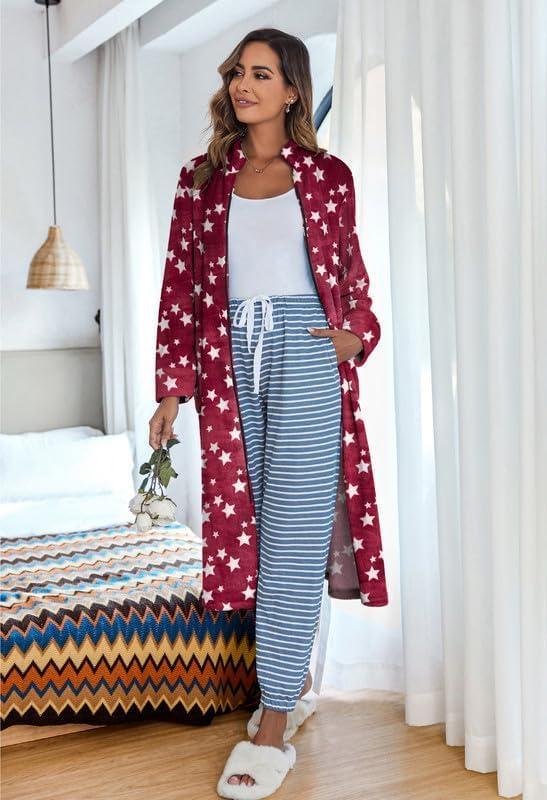 imageEkouaer Womens Zip Up Robe Fleece Bathrobe Long Zipper Lounger Warm Housecoat Long Sleeve Nightgown with Pockets SXXLRed Stars